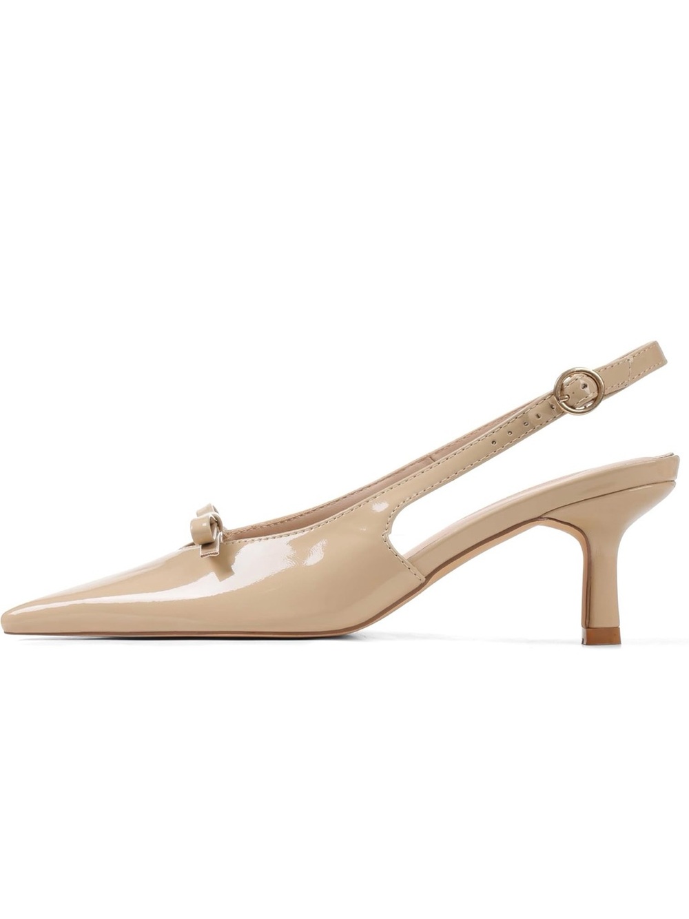 Patent Slingback Kitten Heel in Beige with Bow Detail